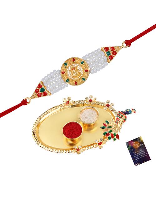 thread rakhi with roli chawal & greeting card - 20082923 - Very Small Image - 1