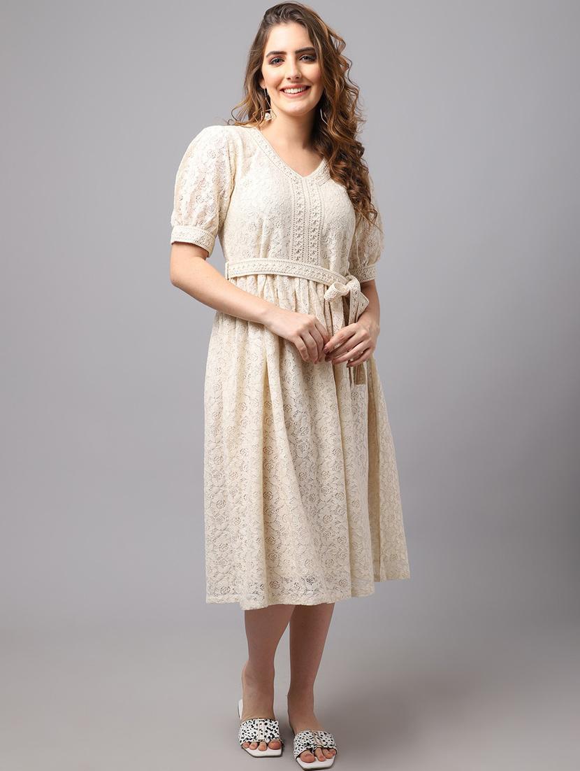 beige self design a-line dress - 20083331 - Zoom Image - 4