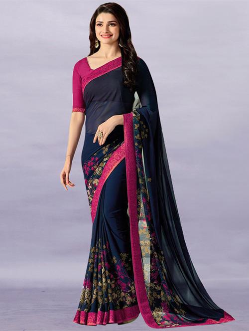 women's printed navy blue colored saree with blouse - 20083670 - Very Small Image - 1