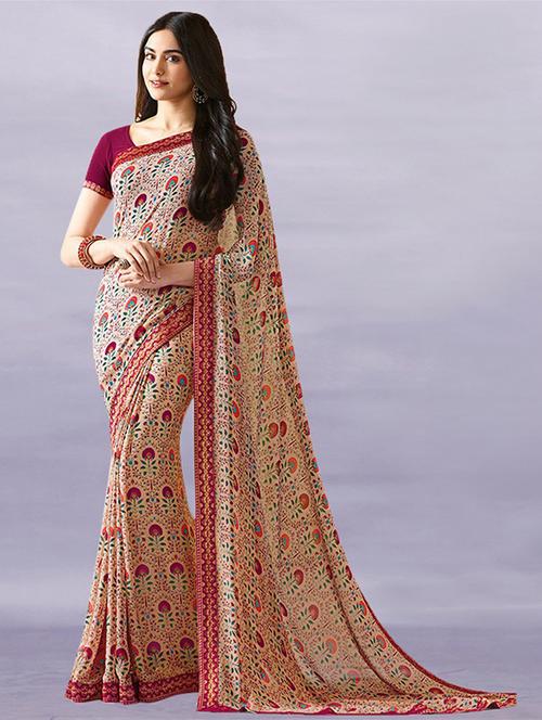 women's printed beige colored saree with blouse - 20083704 - Very Small Image - 1