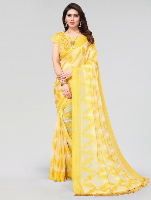 yellow self design printed saree with blouse - 20086883 - Very Small Image - 1