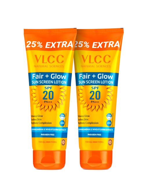 vlcc fair+ glow sunscreen lotion spf 20 pa ++ - 100 g with 25 g extra ( pack of 2 ) - 20088071 - Very Small Image - 1