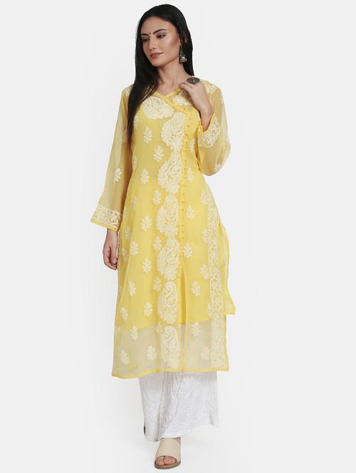 round neck chikankari a-line long kurta - 20095475 - Very Small Image - 1