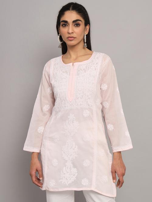 round neck chikankari work a-line kurti - 20095996 - Very Small Image - 1