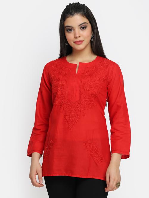 round neck chikankari work a-line kurti - 20096028 - Very Small Image - 1
