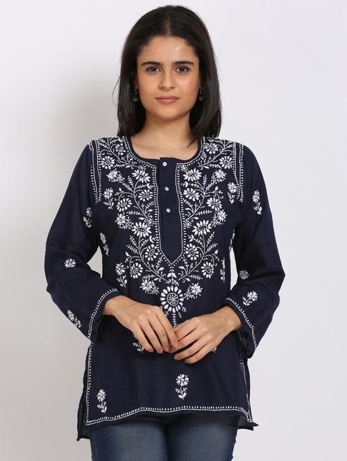 round neck chikankari work a-line kurti - 20096054 - Very Small Image - 1