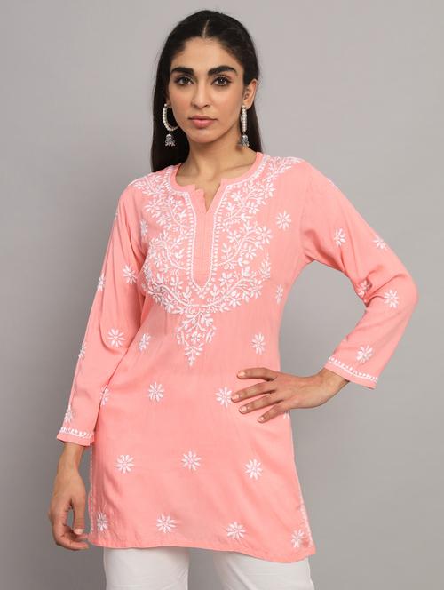 round neck chikankari work a-line kurti - 20096058 - Very Small Image - 1