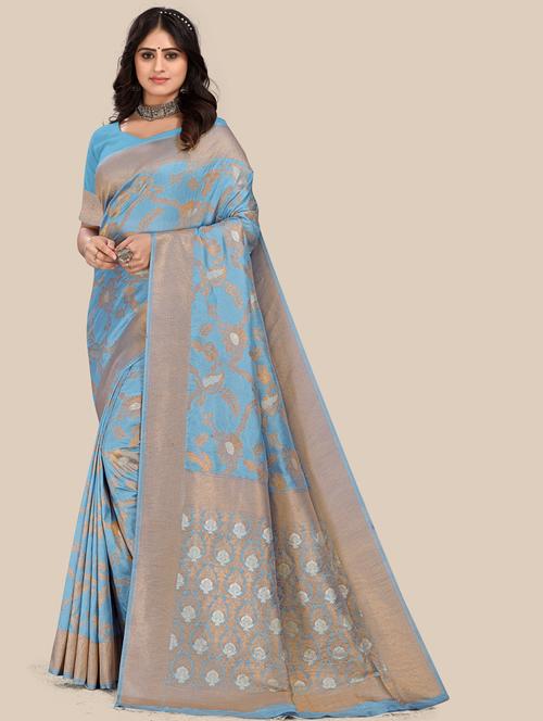 light blue silk blend saree with blouse - 20098470 - Very Small Image - 1
