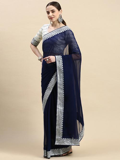 women's bordered blue colored saree with blouse - 20098652 - Very Small Image - 1