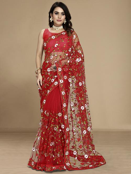 red embroidered saree with blouse - 20098664 - Very Small Image - 1