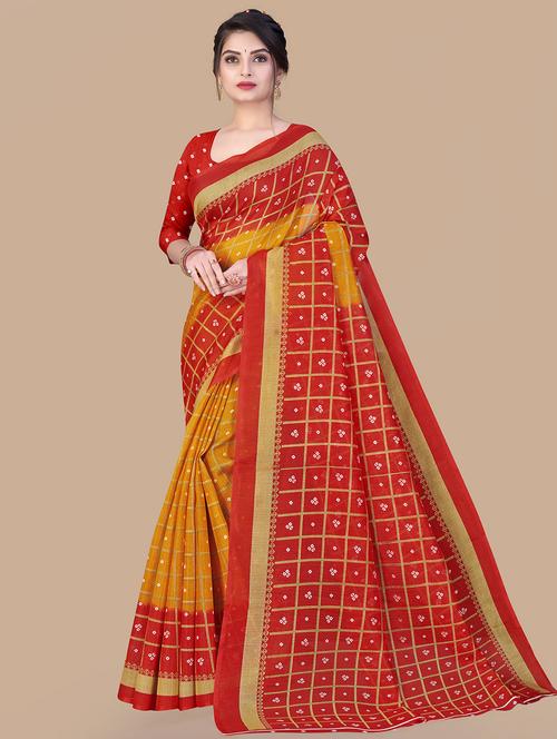 yellow checkered print saree with blouse - 20098704 - Very Small Image - 1