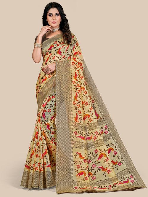women's printed beige colored saree - 20098710 - Very Small Image - 1