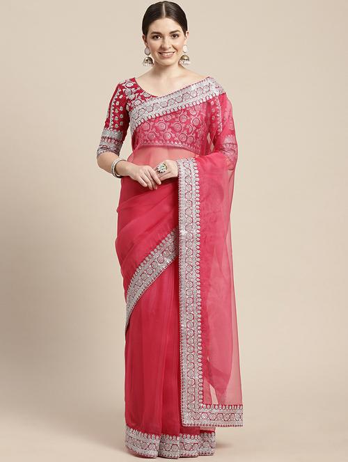 women's bordered pink colored saree with blouse - 20098724 - Very Small Image - 1
