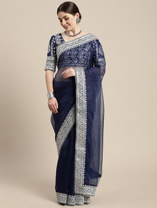 women's bordered navy blue colored saree with blouse - 20098727 - Very Small Image - 1