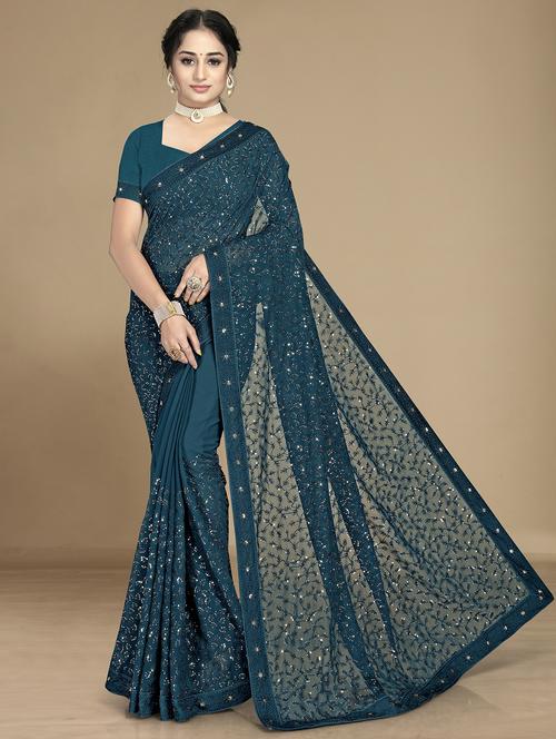blue self design sequin work saree with blouse - 20098814 - Very Small Image - 1