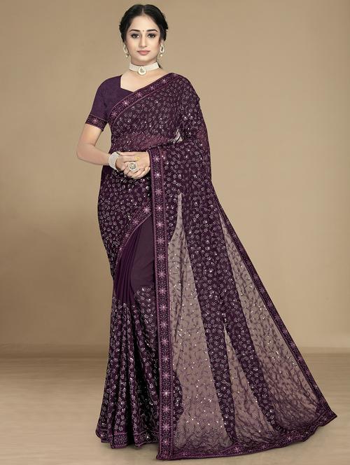 purple self design sequin work saree with blouse - 20098816 - Very Small Image - 1