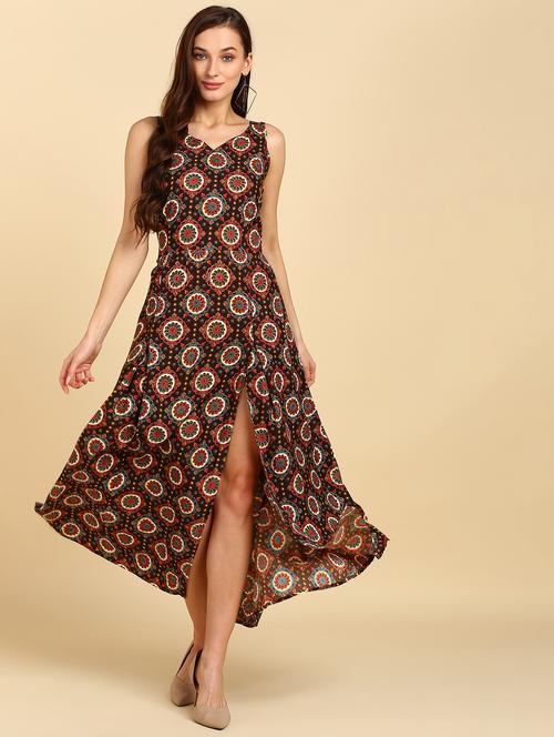 v neck printed high slit ethnic dress - 20107461 - Very Small Image - 1