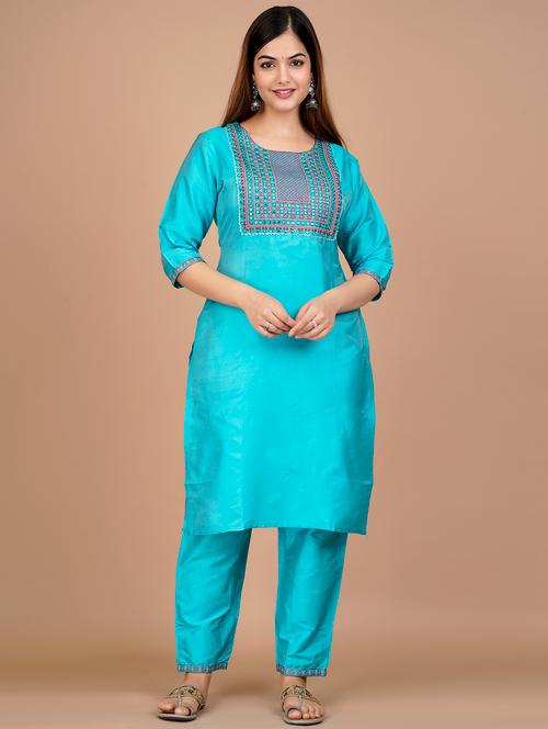 sky blue round neck kurta pant set  - 20114546 - Very Small Image - 1