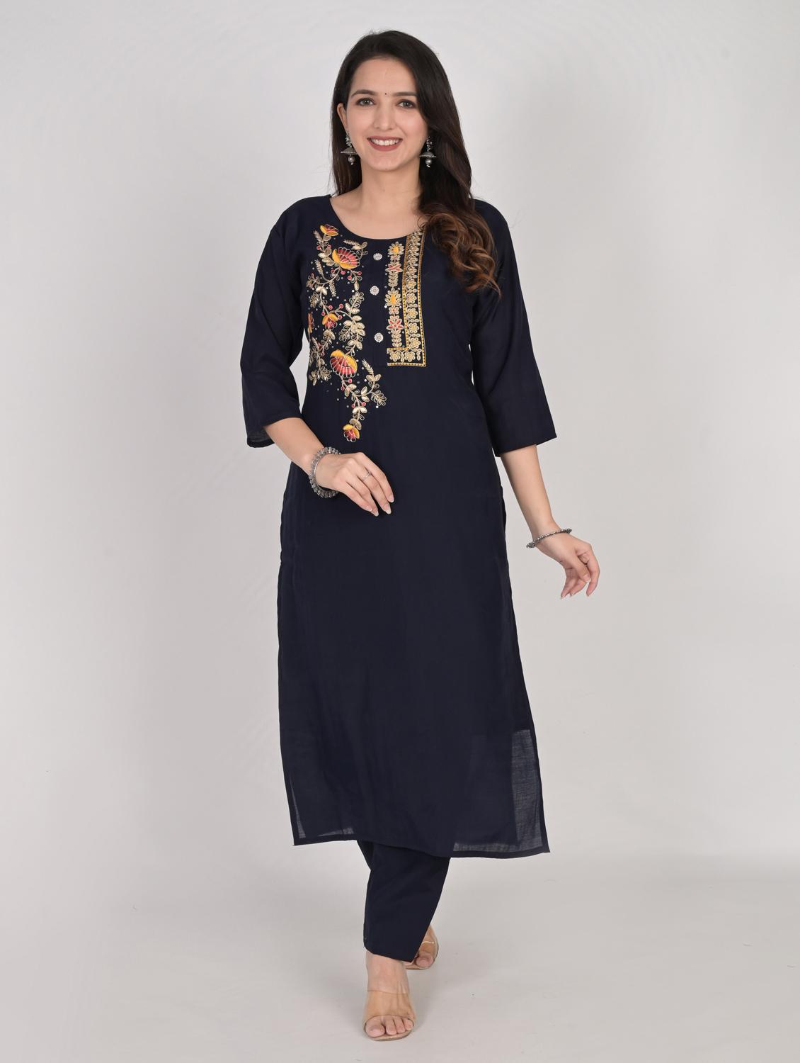 navy blue round neck kurta pant set with dupatta - 20115252 - Zoom Image - 2