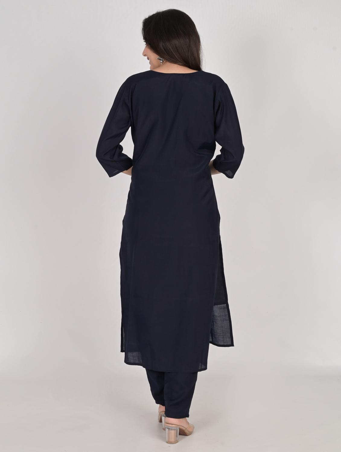 navy blue round neck kurta pant set with dupatta - 20115252 - Zoom Image - 3
