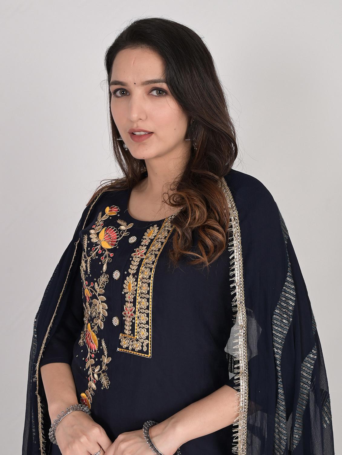 navy blue round neck kurta pant set with dupatta - 20115252 - Standard Image - 5