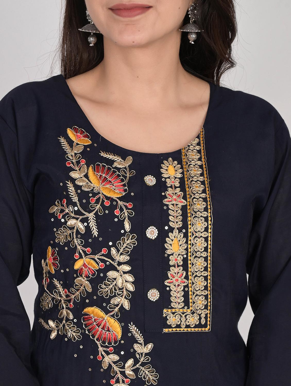 navy blue round neck kurta pant set with dupatta - 20115252 - Zoom Image - 6