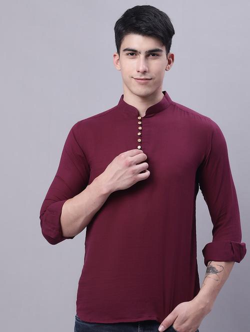 purple solid mandarin neck kurta - 20117409 - Very Small Image - 1