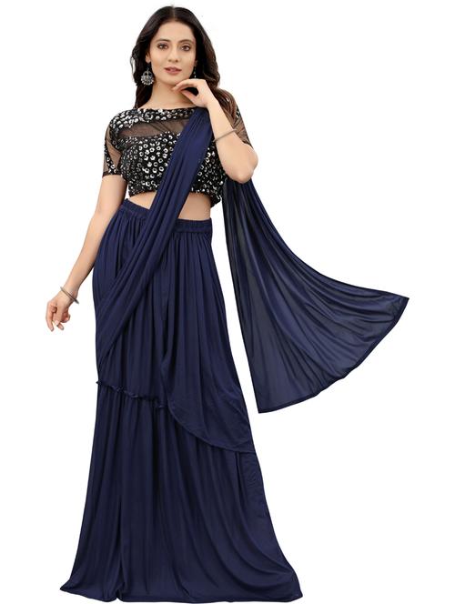women's solid navy blue colored saree with blouse - 20117523 - Very Small Image - 1