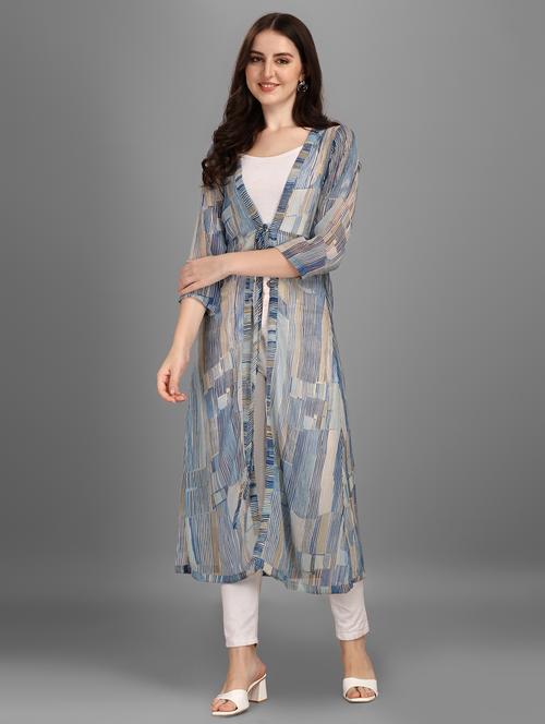 blue striped three quater sleeves long shrug  - 20118915 - Very Small Image - 1