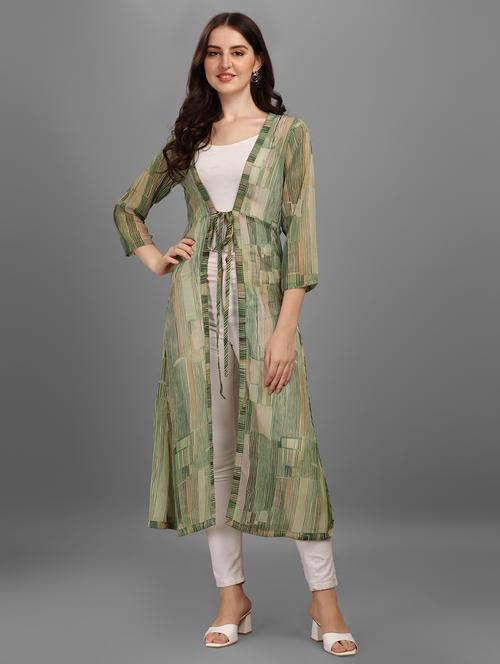 green striped three quater sleeves long shrug  - 20118917 - Very Small Image - 1