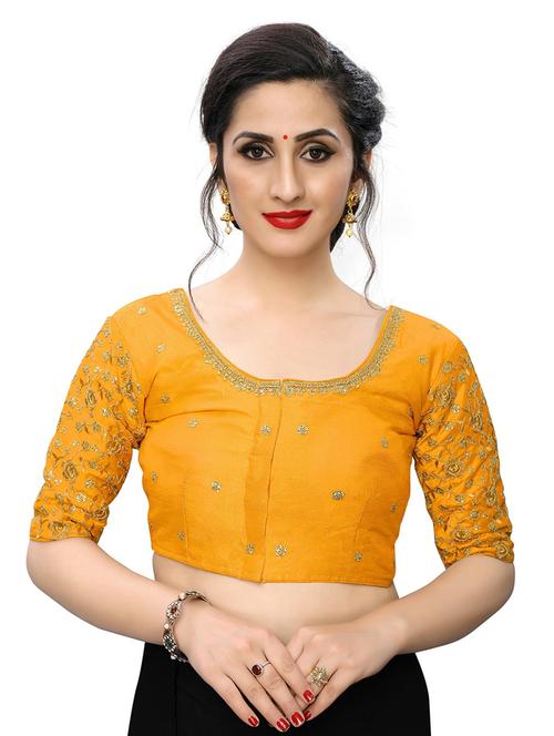 yellow round neck stitched blouse - 20119386 - Very Small Image - 1