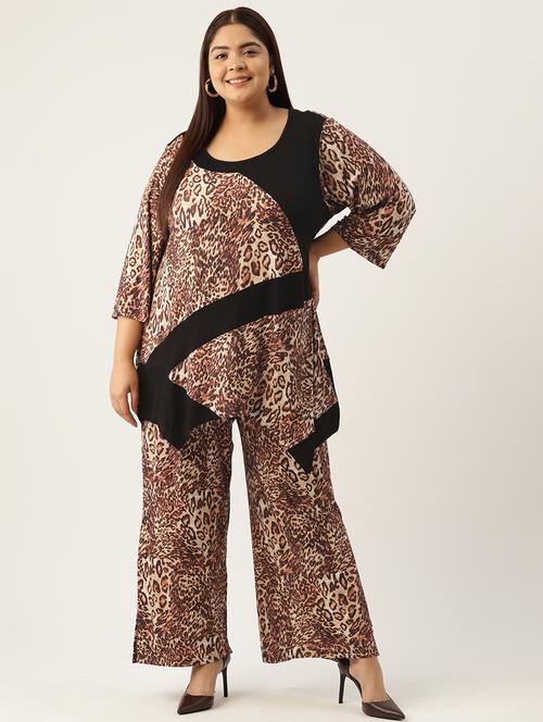 brown & black animal print top and palazzos co-ord set - 20120475 - Very Small Image - 1