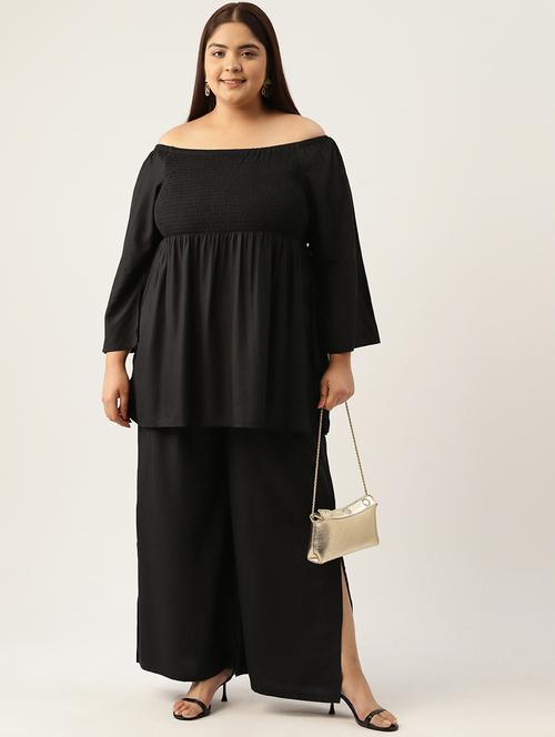 black solid off-shoulder top and palazzo co-ord set  - 20120479 - Very Small Image - 1
