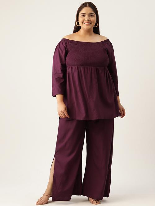 purple solid off-shoulder top and palazzo co-ord set  - 20120481 - Very Small Image - 1