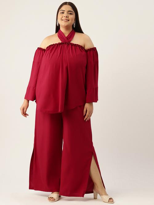 maroon solid tie back neck top and palazzo co-ord set  - 20120484 - Very Small Image - 1