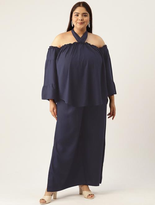 navy blue solid tie back neck top and palazzo co-ord set  - 20120489 - Very Small Image - 1