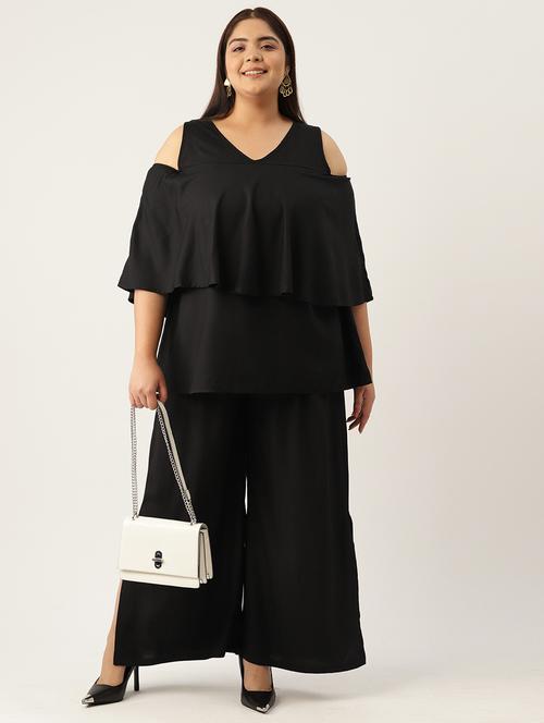 black solid cold shoulder top and palazzo co-ord set  - 20120490 - Very Small Image - 1