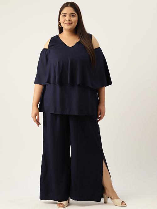 navy blue solid cold shoulder top and palazzo co-ord set  - 20120494 - Very Small Image - 1