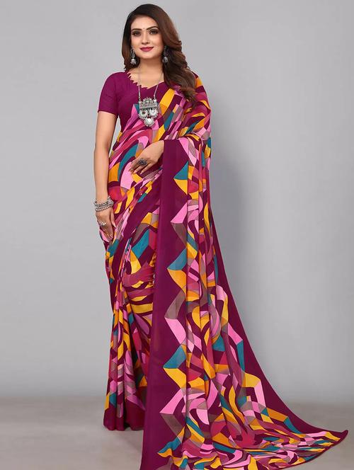 women's printed magenta colored saree with blouse - 20120845 - Very Small Image - 1