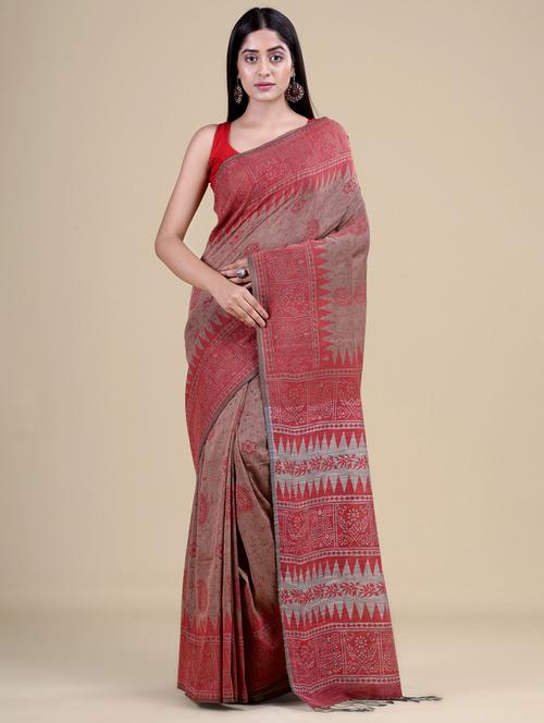 beige cotton handloom saree with blouse - 20121231 - Very Small Image - 1
