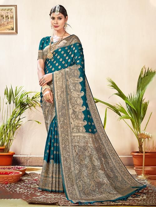 teal woven saree with blouse - 20122132 - Very Small Image - 1