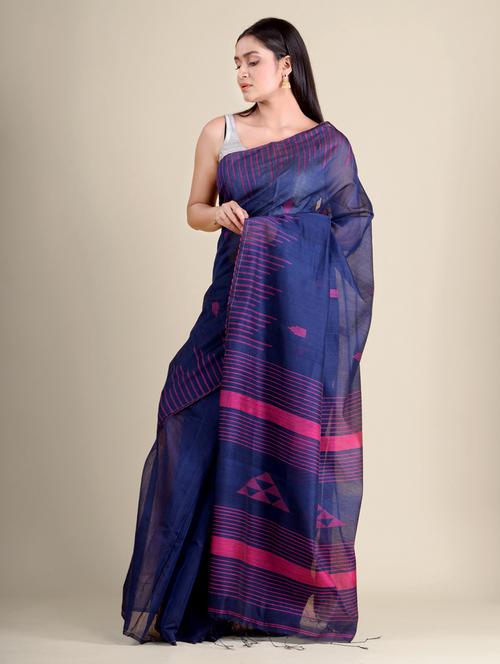 women's self design navy blue colored saree with blouse - 20126166 - Very Small Image - 1