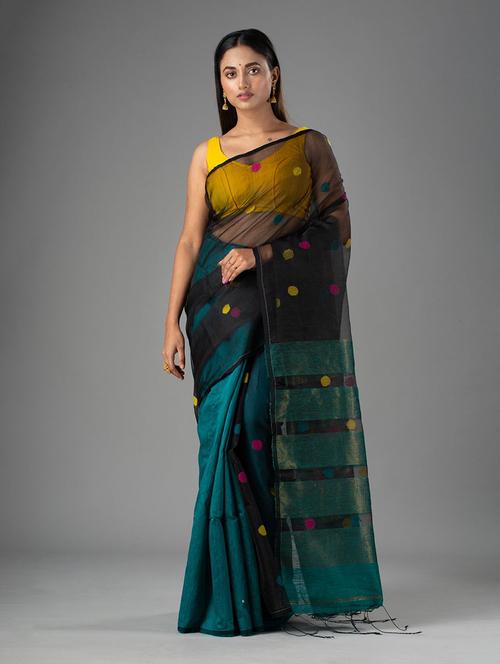 women's color block teal colored saree with blouse - 20126487 - Very Small Image - 1