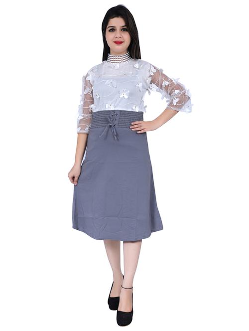 grey & white self designed mock neck a-line dress - 20127175 - Very Small Image - 1