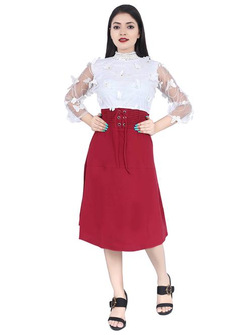 maroon & white self designed mock neck a-line dress - 20127176 - Very Small Image - 1