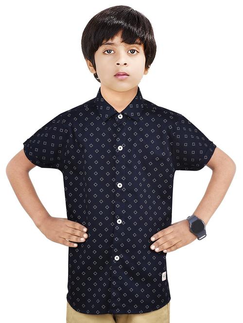 navy blue printed short sleeves causal shirt - 20128281 - Very Small Image - 1
