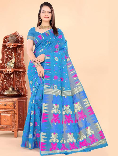 women's floral blue colored saree with blouse - 20129244 - Very Small Image - 1