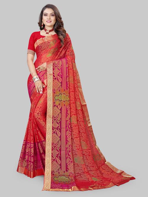 women's bordered red colored saree with blouse - 20130963 - Very Small Image - 1