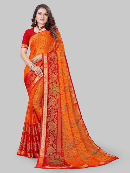 women's printed orange colored saree with blouse - 20131027 - Very Small Image - 1
