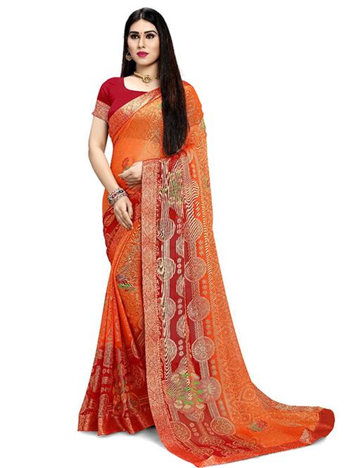 women's printed orange colored saree with blouse - 20131067 - Very Small Image - 1